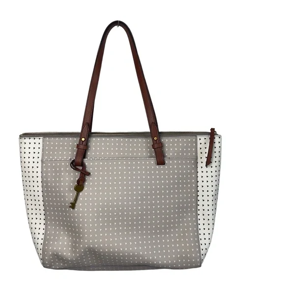 Fossil Emma Tote Bag Dual Straps Brown Handles Patterned Gray White Black NWOT - Picture 2 of 12